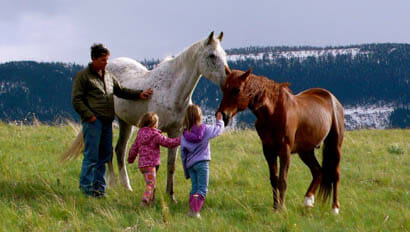 Kids petting retired horses at Covered Wagon Ranch