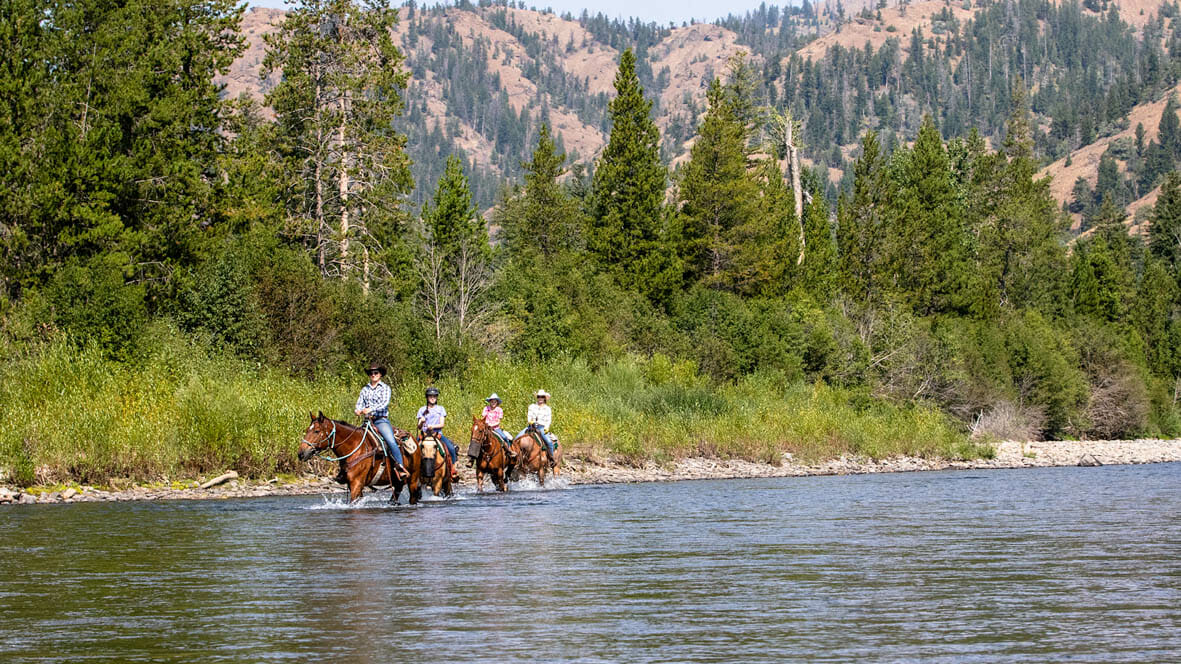 Trail ride crossing a creek at Crossed Sabres Ranch