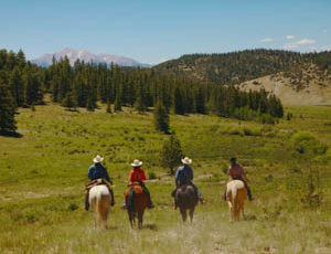 Four guests on horses at Elk Mountain Ranch