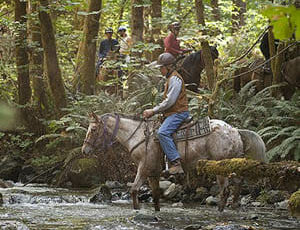 Rider with helmet crossing a creek at Marble Mountain Ranch