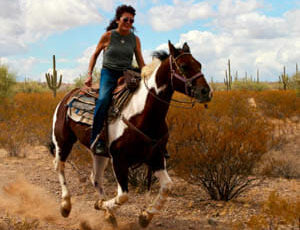 White Stallion cowgirl on a fast ride