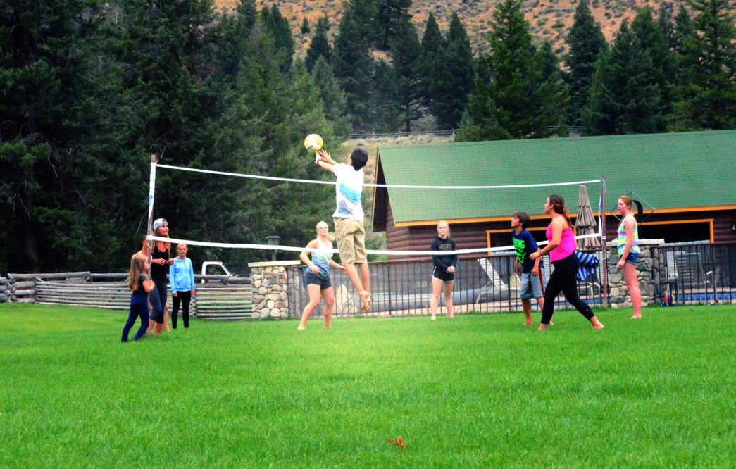 group of kids playing volleyball on green lawn