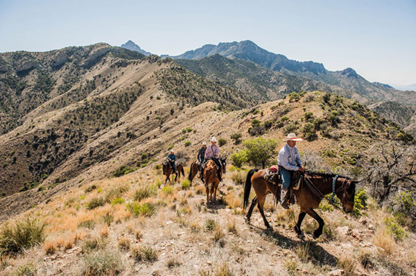 trail ride on ridge with mountains and cactus