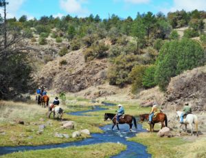group of riders crossing stream in canyon