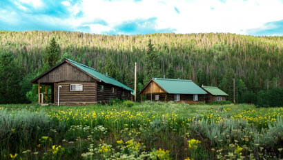 Cabin lodges in a field of flowers at Medicine Bow Ranch
