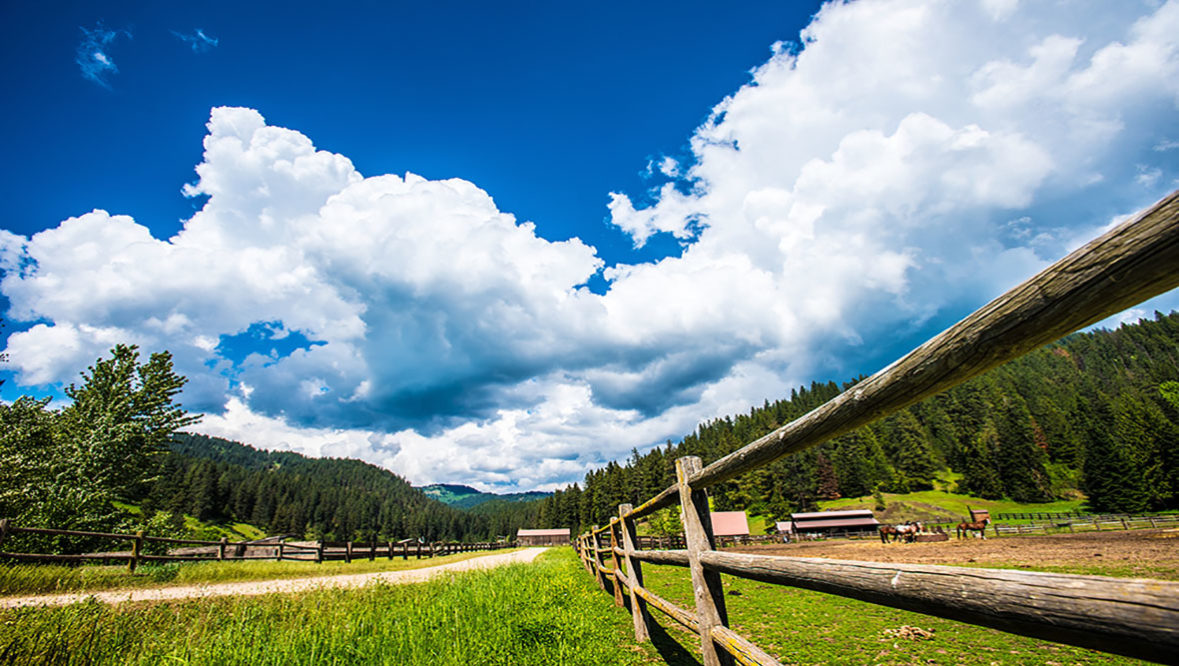 Red Horse Mountain Ranch driveway with clouds
