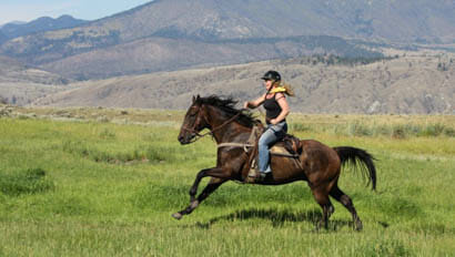 Sundance Guest Ranch person galloping on a horse through a field