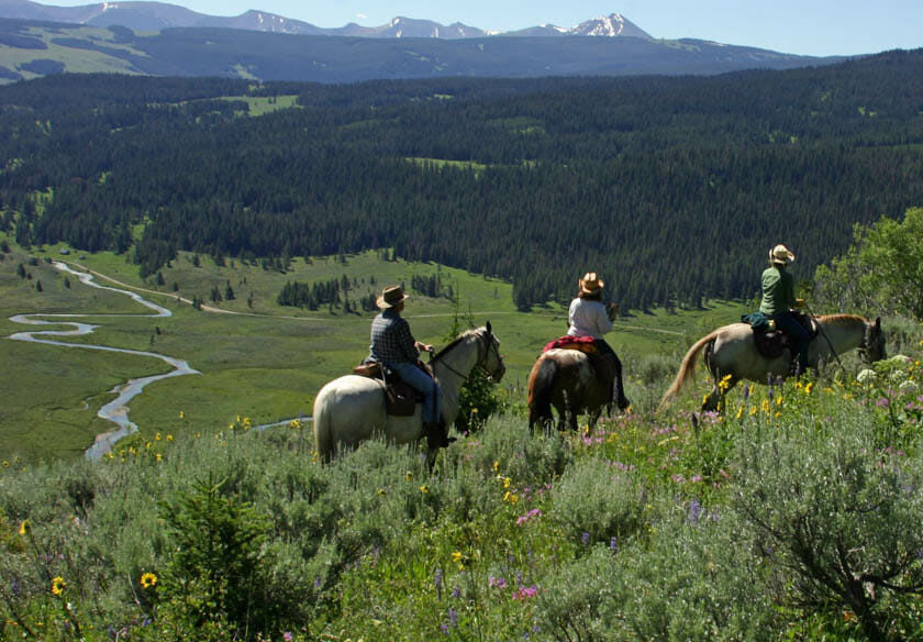 Three people riding horses on a trail overlooking a valley