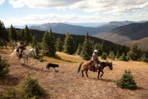 2 riders on with a dog on a trail