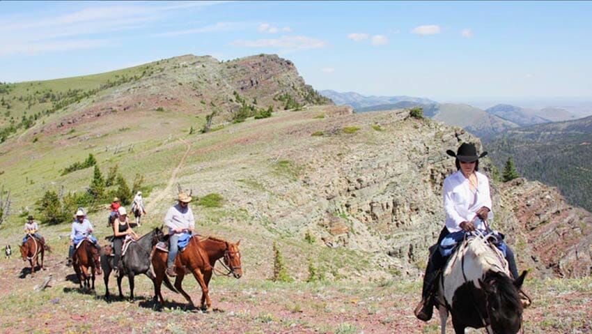 woman leading horseback riding pack
