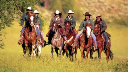 Riders in a field galloping