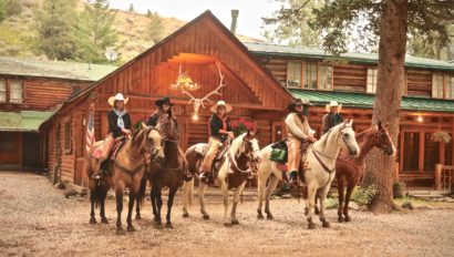 Riders in front of main lodge at Shoshone Lodge